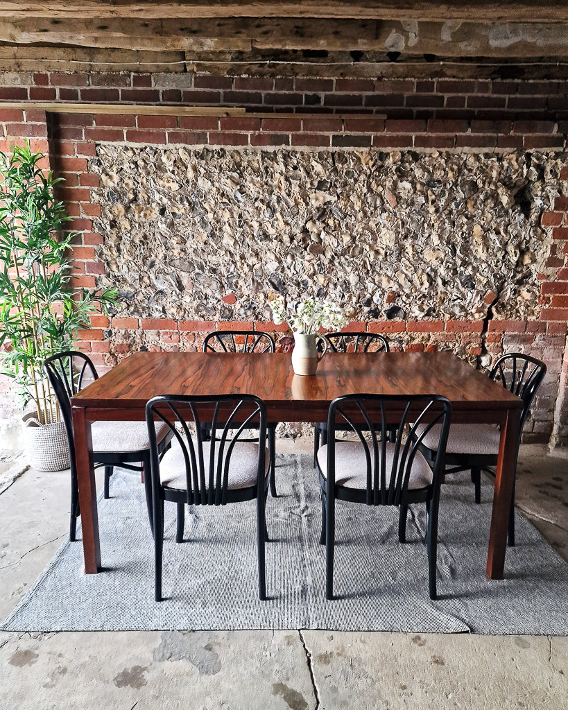 Mid Century Rosewood Dining Table & Ebonised Chairs (x 6)