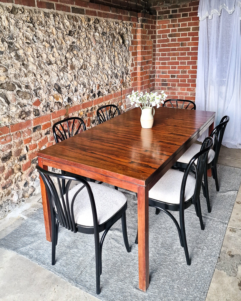 Mid Century Rosewood Dining Table & Ebonised Chairs (x 6)