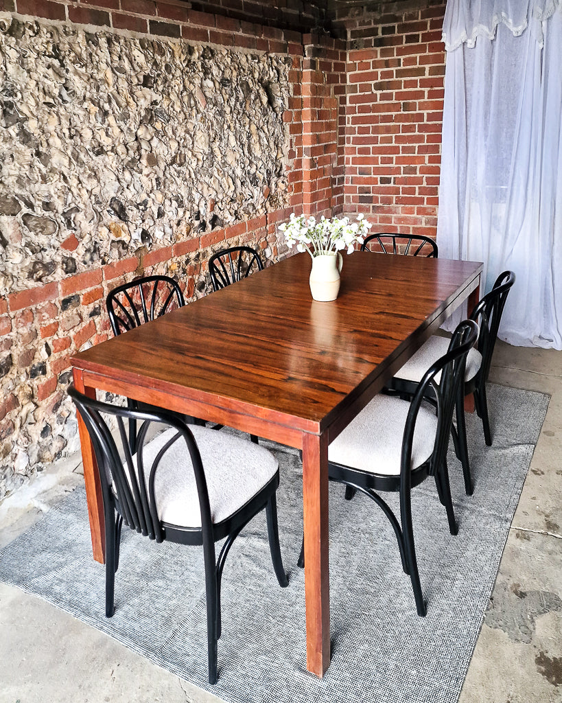 Mid Century Rosewood Dining Table & Ebonised Chairs (x 6)