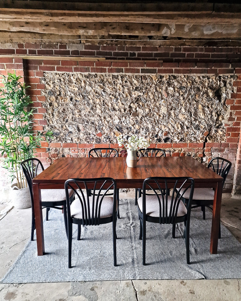Mid Century Rosewood Dining Table & Ebonised Chairs (x 6)