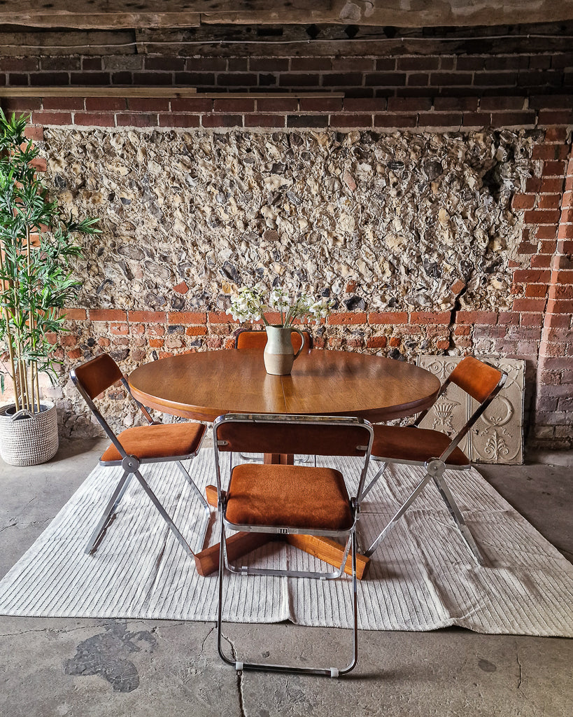 Mid Century Extendable Teak Dining Table & Chrome Folding Italian Chairs