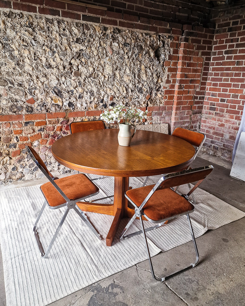 Mid Century Extendable Teak Dining Table & Chrome Folding Italian Chairs