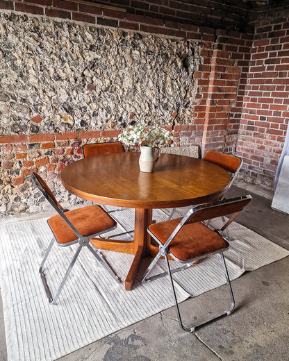 Mid Century Extendable Teak Dining Table & Chrome Folding Italian Chairs