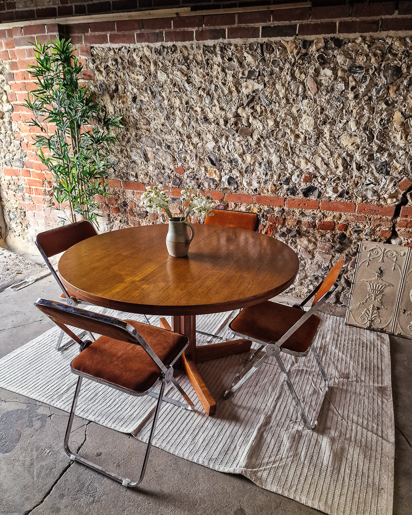 Mid Century Extendable Teak Dining Table & Chrome Folding Italian Chairs