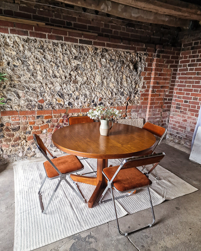 Mid Century Extendable Teak Dining Table & Chrome Folding Italian Chairs