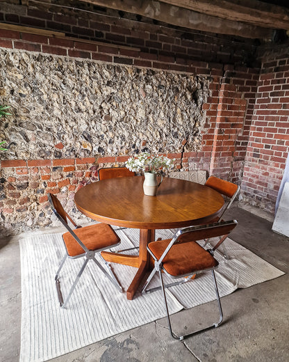 Mid Century Extendable Teak Dining Table & Chrome Folding Italian Chairs