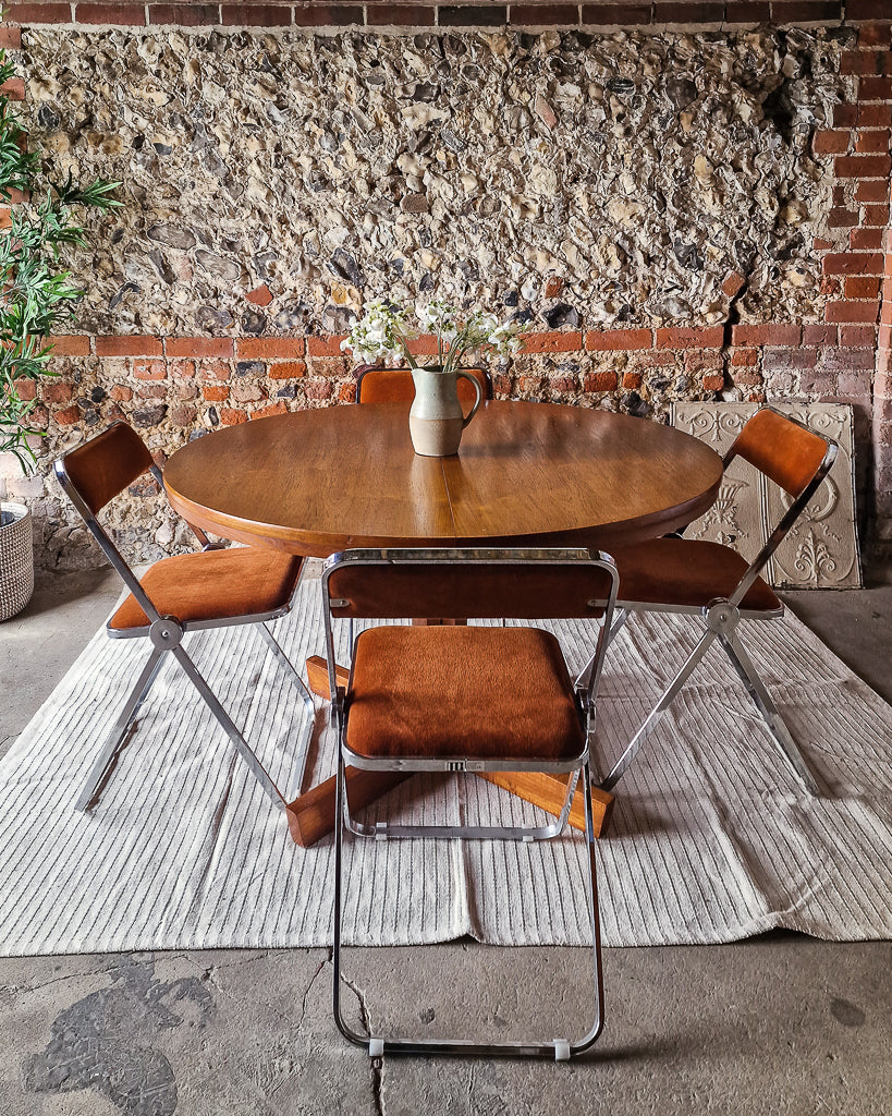 Mid Century Extendable Teak Dining Table & Chrome Folding Italian Chairs