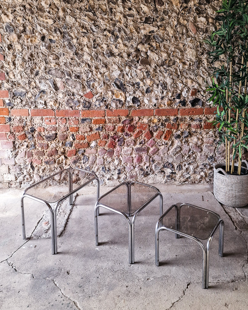 Mid Century Chrome & Smoked Glass Nesting Tables (Trio)