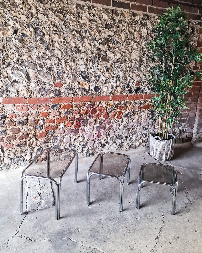 Mid Century Chrome & Smoked Glass Nesting Tables (Trio)