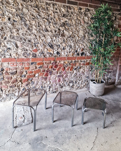 Mid Century Chrome & Smoked Glass Nesting Tables (Trio)