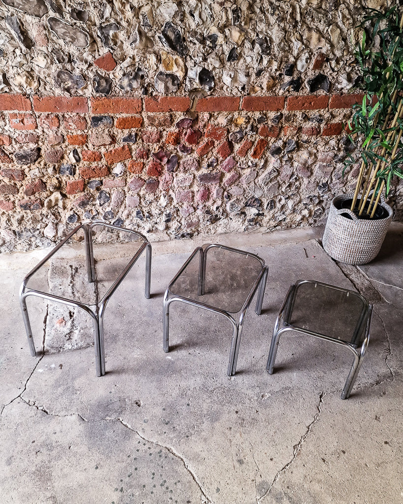 Mid Century Chrome & Smoked Glass Nesting Tables (Trio)