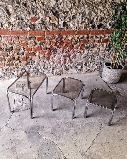 Mid Century Chrome & Smoked Glass Nesting Tables (Trio)