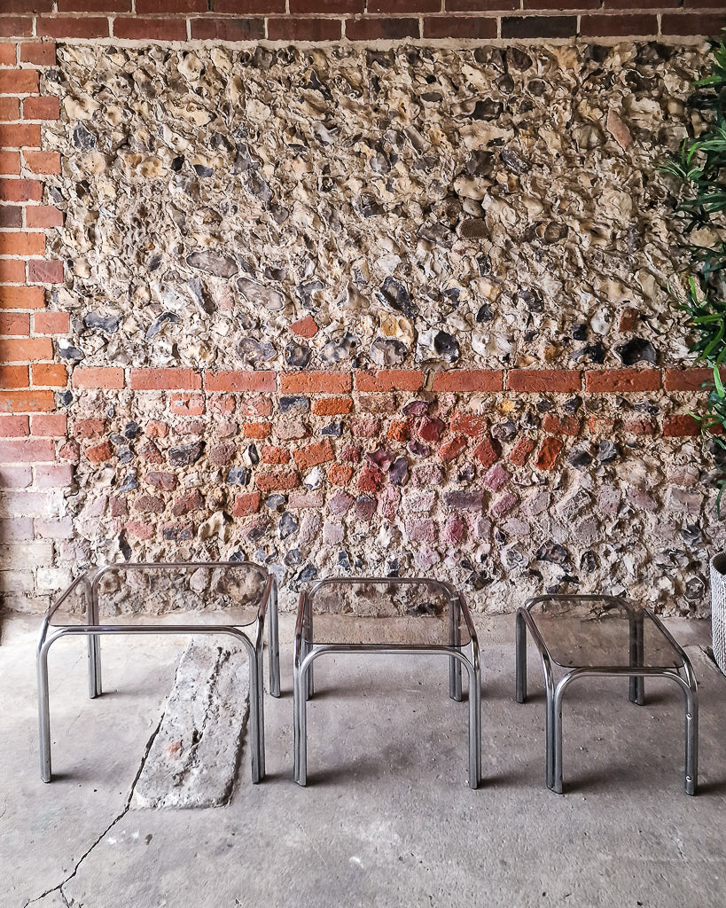 Mid Century Chrome & Smoked Glass Nesting Tables (Trio)