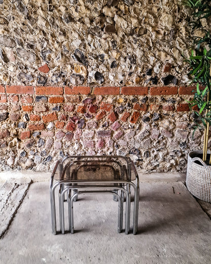 Mid Century Chrome & Smoked Glass Nesting Tables (Trio)