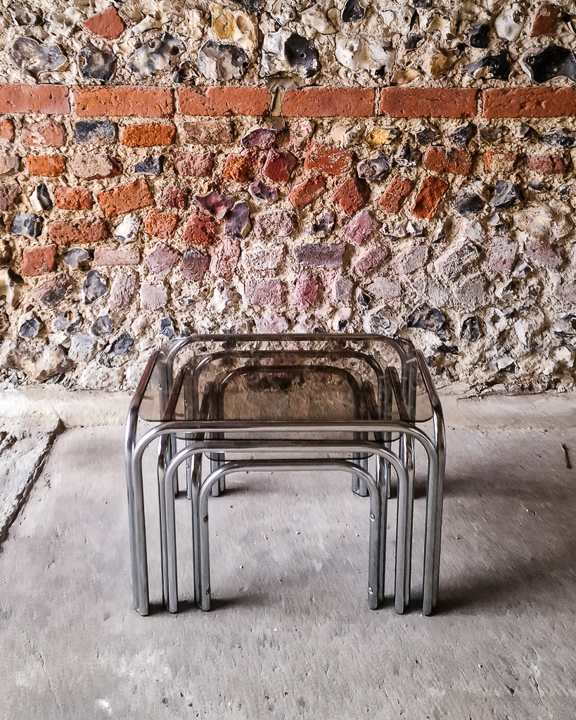 Mid Century Chrome & Smoked Glass Nesting Tables (Trio)