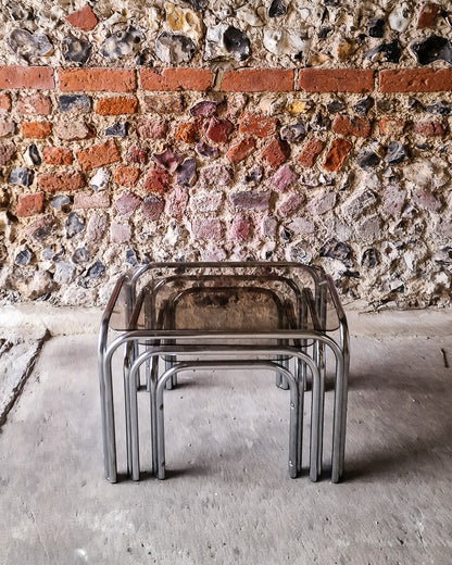 Mid Century Chrome & Smoked Glass Nesting Tables (Trio)
