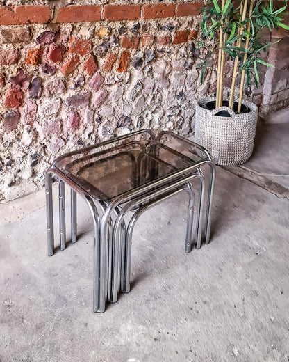 Mid Century Chrome & Smoked Glass Nesting Tables (Trio)