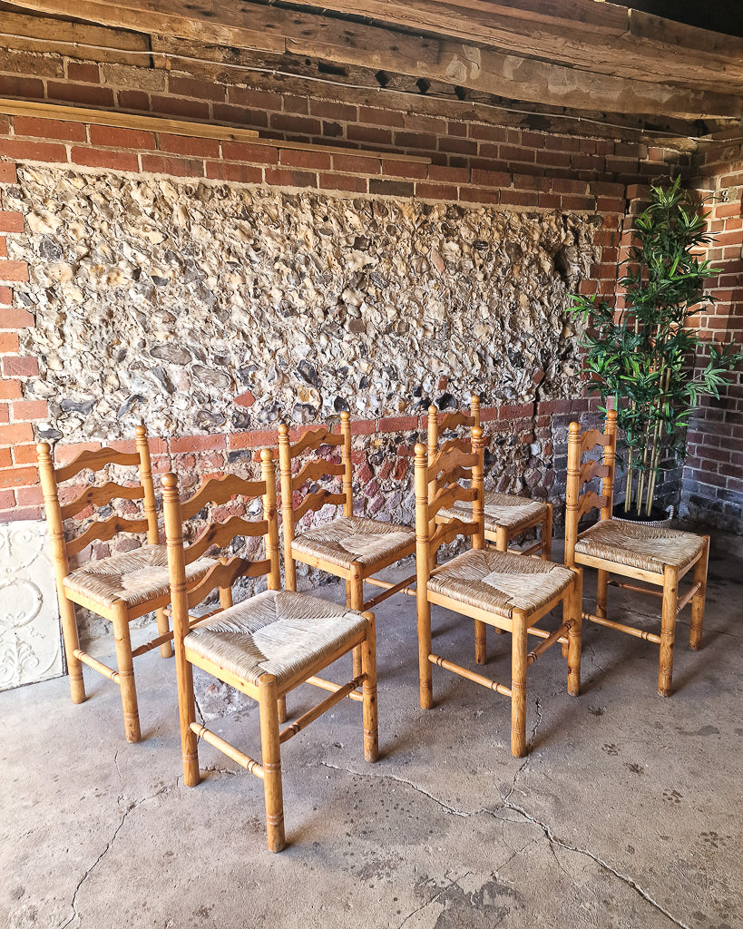 Mid Century French Farmhouse Rush Pine Dining Chairs (x6)