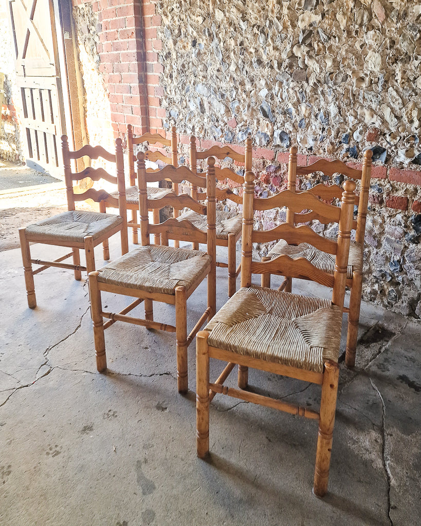 Mid Century French Farmhouse Rush Pine Dining Chairs (x6)