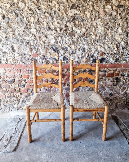 Mid Century French Farmhouse Rush Pine Dining Chairs (x6)