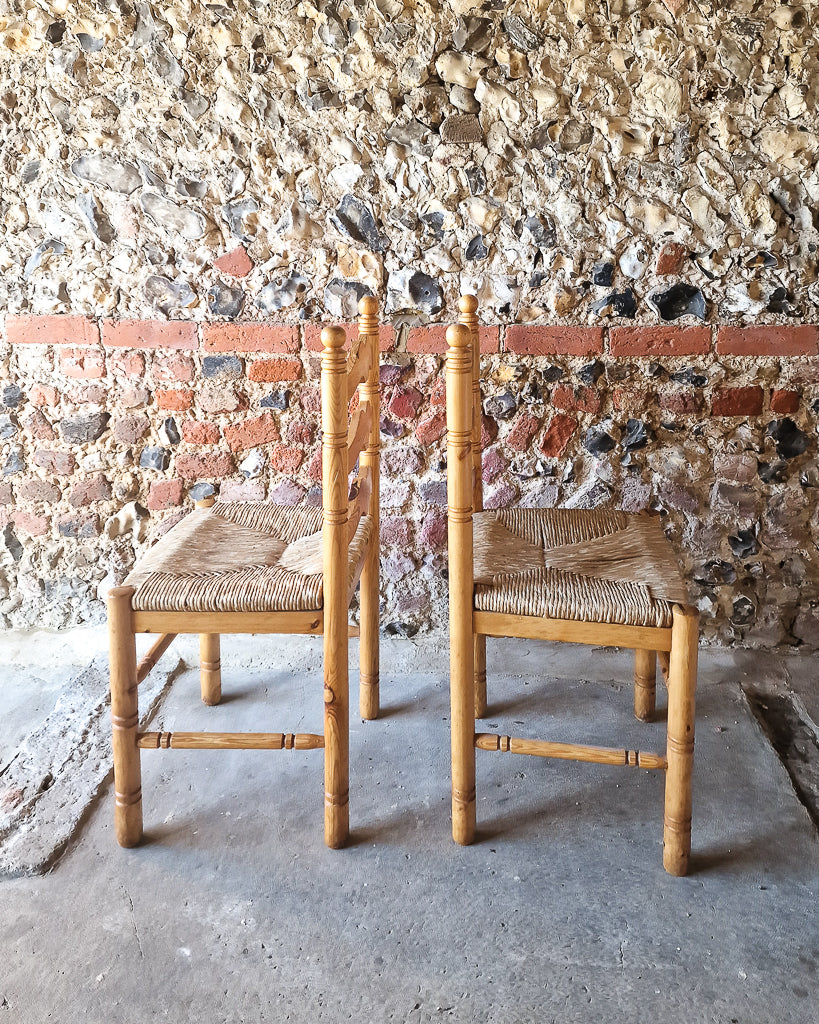 Mid Century French Farmhouse Rush Pine Dining Chairs (x6)