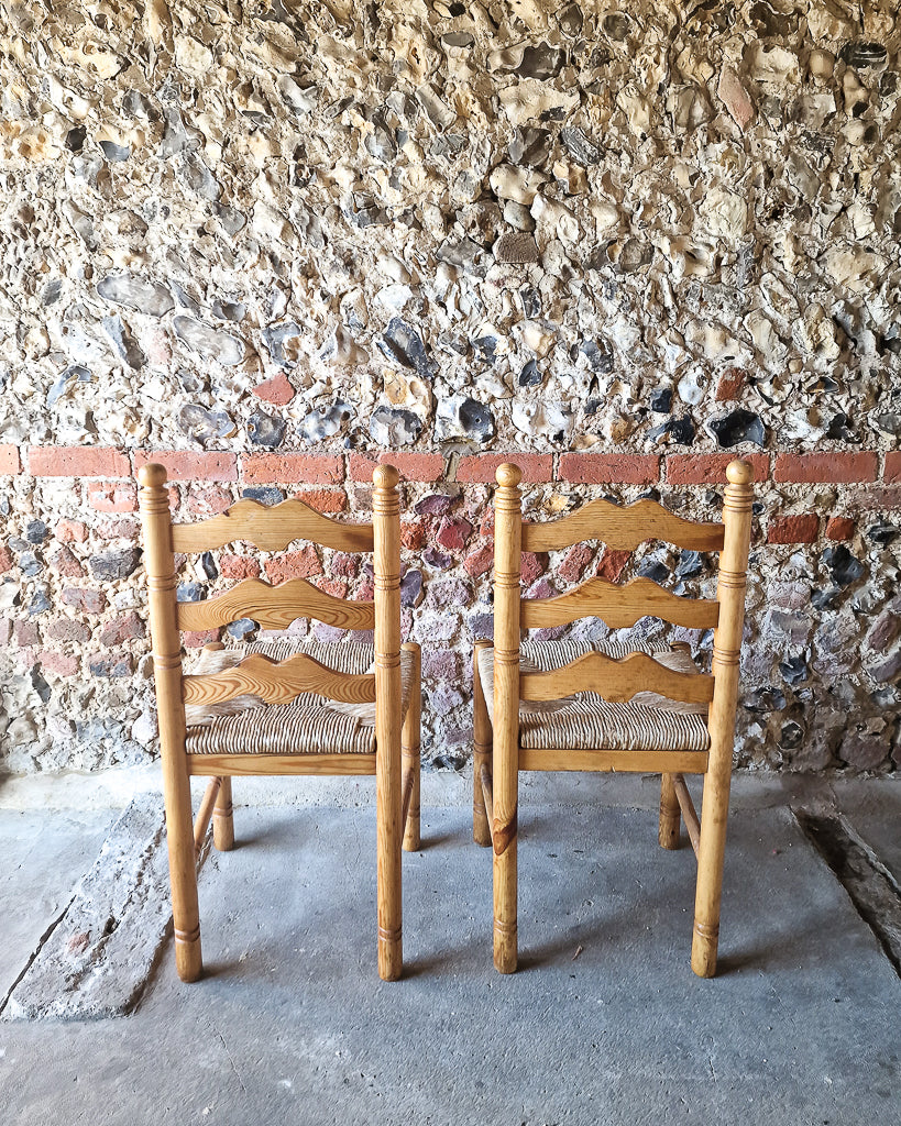 Mid Century French Farmhouse Rush Pine Dining Chairs (x6)