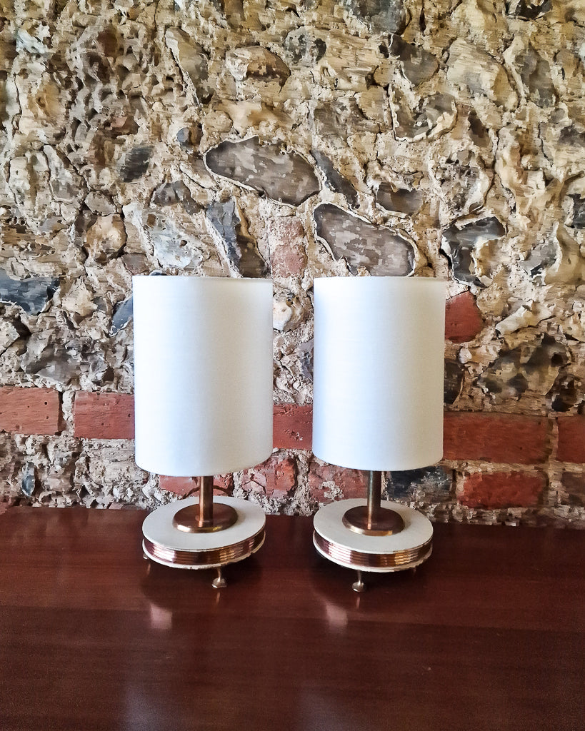 Pair Art Deco Brass Table Lamp (inc. Lampshade)