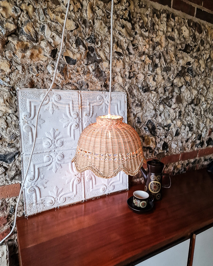 Vintage Plug & Hang Wicker Scalloped Ceiling Pendant Light