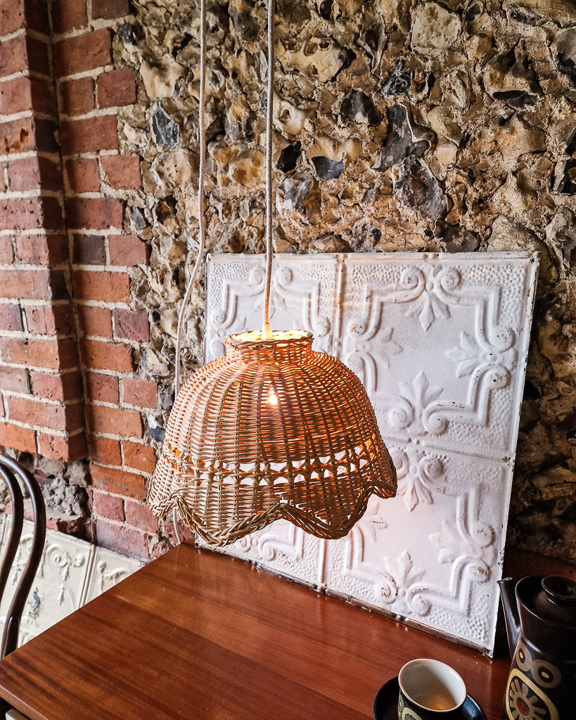 Vintage Plug & Hang Wicker Scalloped Ceiling Pendant Light