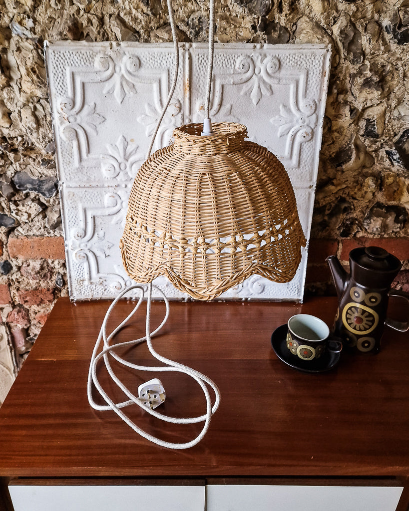 Vintage Plug & Hang Wicker Scalloped Ceiling Pendant Light
