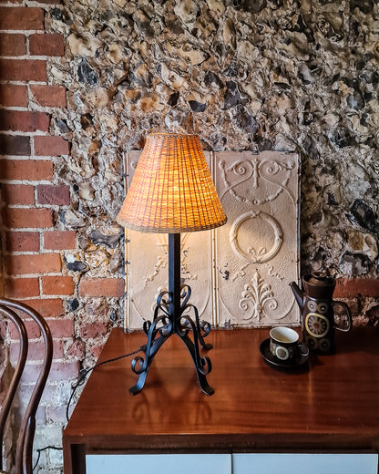 Mid Century Wrought Iron Table Lamp (inc. wicker shade)