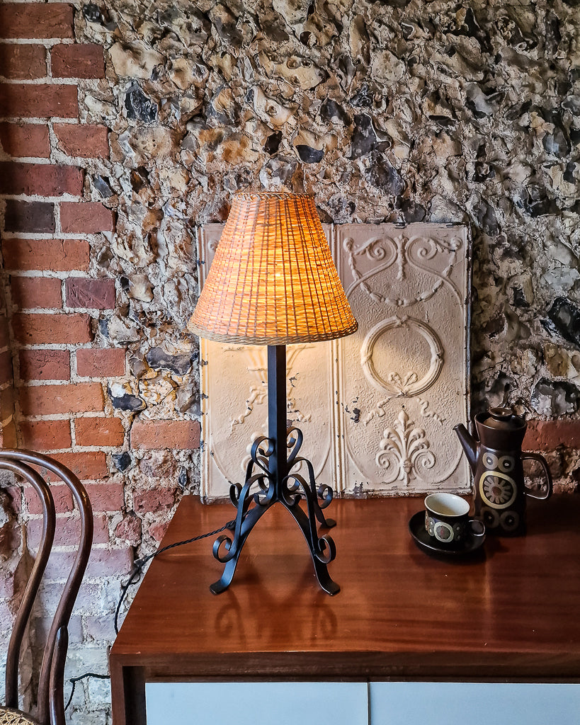 Mid Century Wrought Iron Table Lamp (inc. wicker shade)