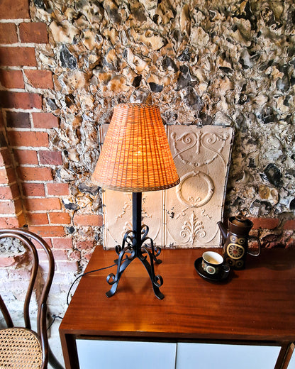 Mid Century Wrought Iron Table Lamp (inc. wicker shade)