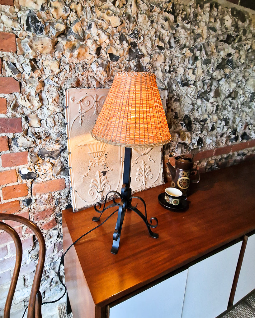 Mid Century Wrought Iron Table Lamp (inc. wicker shade)