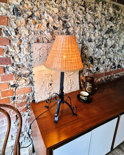 Mid Century Wrought Iron Table Lamp (inc. wicker shade)