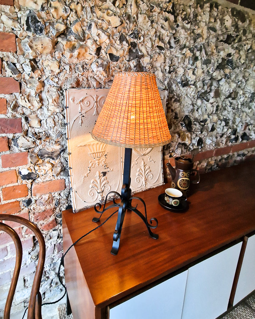 Mid Century Wrought Iron Table Lamp (inc. wicker shade)