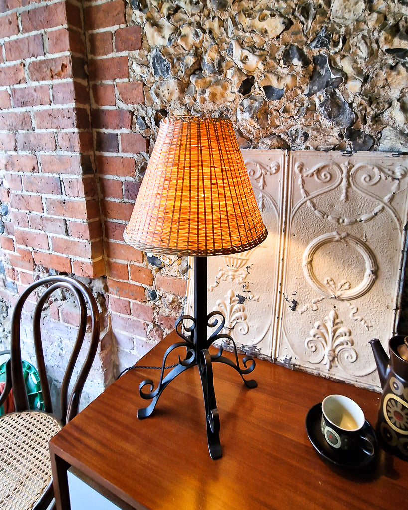 Mid Century Wrought Iron Table Lamp (inc. wicker shade)