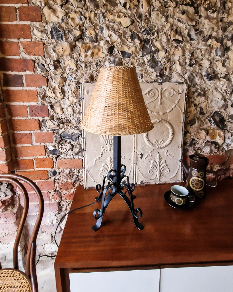 Mid Century Wrought Iron Table Lamp (inc. wicker shade)