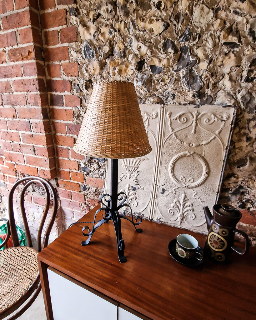 Mid Century Wrought Iron Table Lamp (inc. wicker shade)