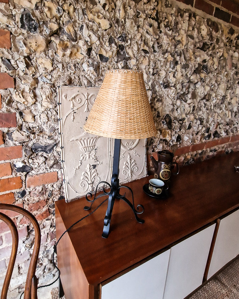 Mid Century Wrought Iron Table Lamp (inc. wicker shade)