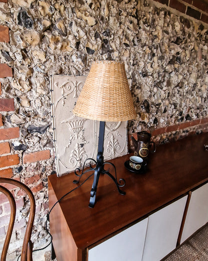 Mid Century Wrought Iron Table Lamp (inc. wicker shade)