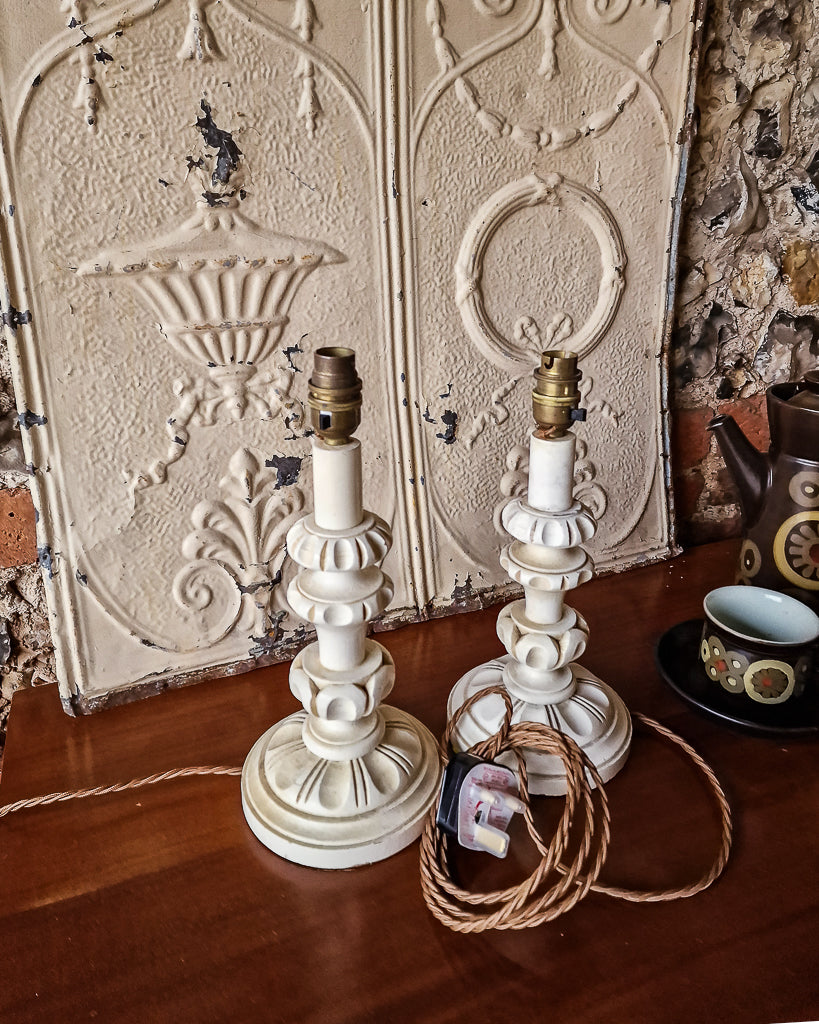 Vintage Pair Carved Wooden Painted Table Lamp (inc. Lampshade)