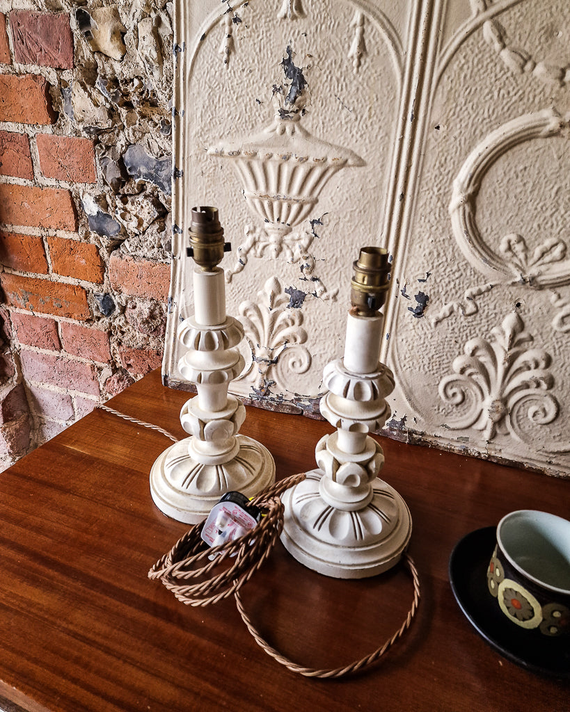 Vintage Pair Carved Wooden Painted Table Lamp (inc. Lampshade)