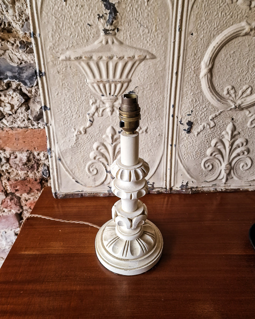 Vintage Pair Carved Wooden Painted Table Lamp (inc. Lampshade)