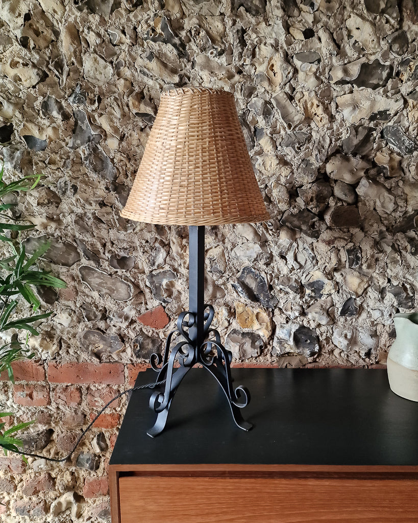 Mid Century Wrought Iron Table Lamp (inc. wicker shade)