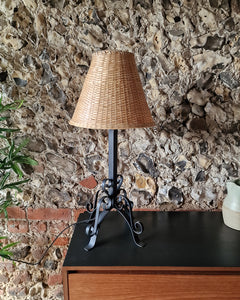 Mid Century Wrought Iron Table Lamp (inc. wicker shade)