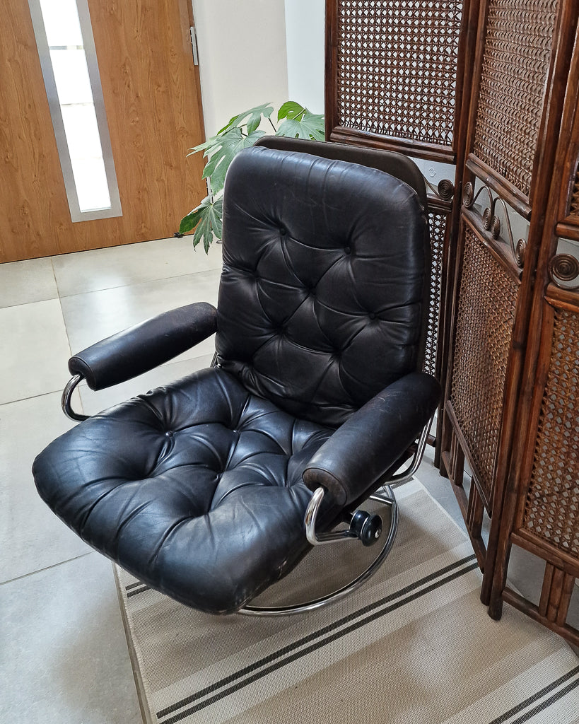 Mid Century Norweigen Chrome & Leather Recliner Armchair