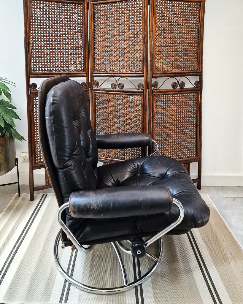 Mid Century Norweigen Chrome & Leather Recliner Armchair
