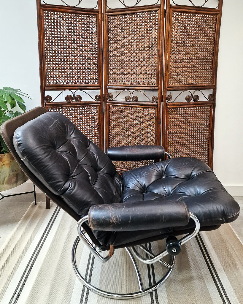 Mid Century Norweigen Chrome & Leather Recliner Armchair
