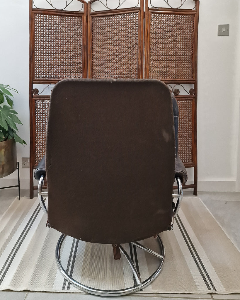 Mid Century Norweigen Chrome & Leather Recliner Armchair